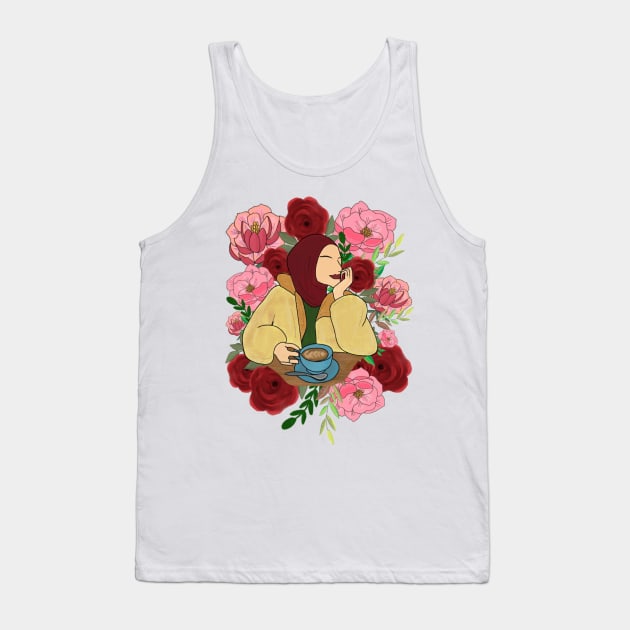 Floral Muslim woman in a cafe Tank Top by SanMade